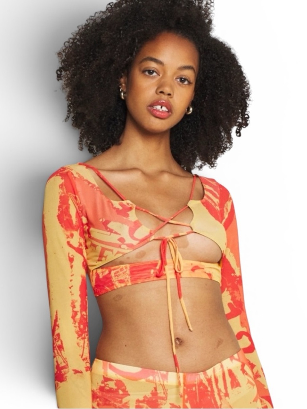 Jaded London Orange Tonal Ripped Magazine Print Mesh Top